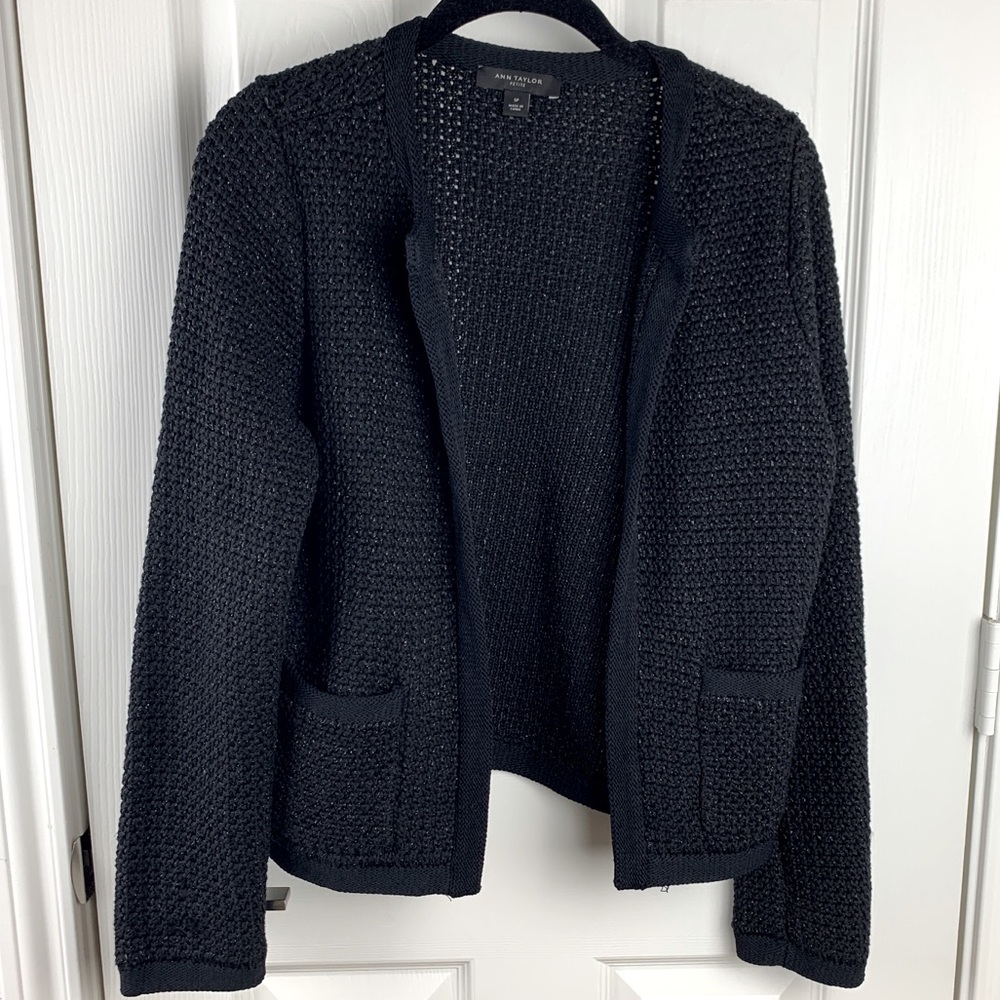 Ann Taylor PETITE Black/Silver Open-Front Cardigan